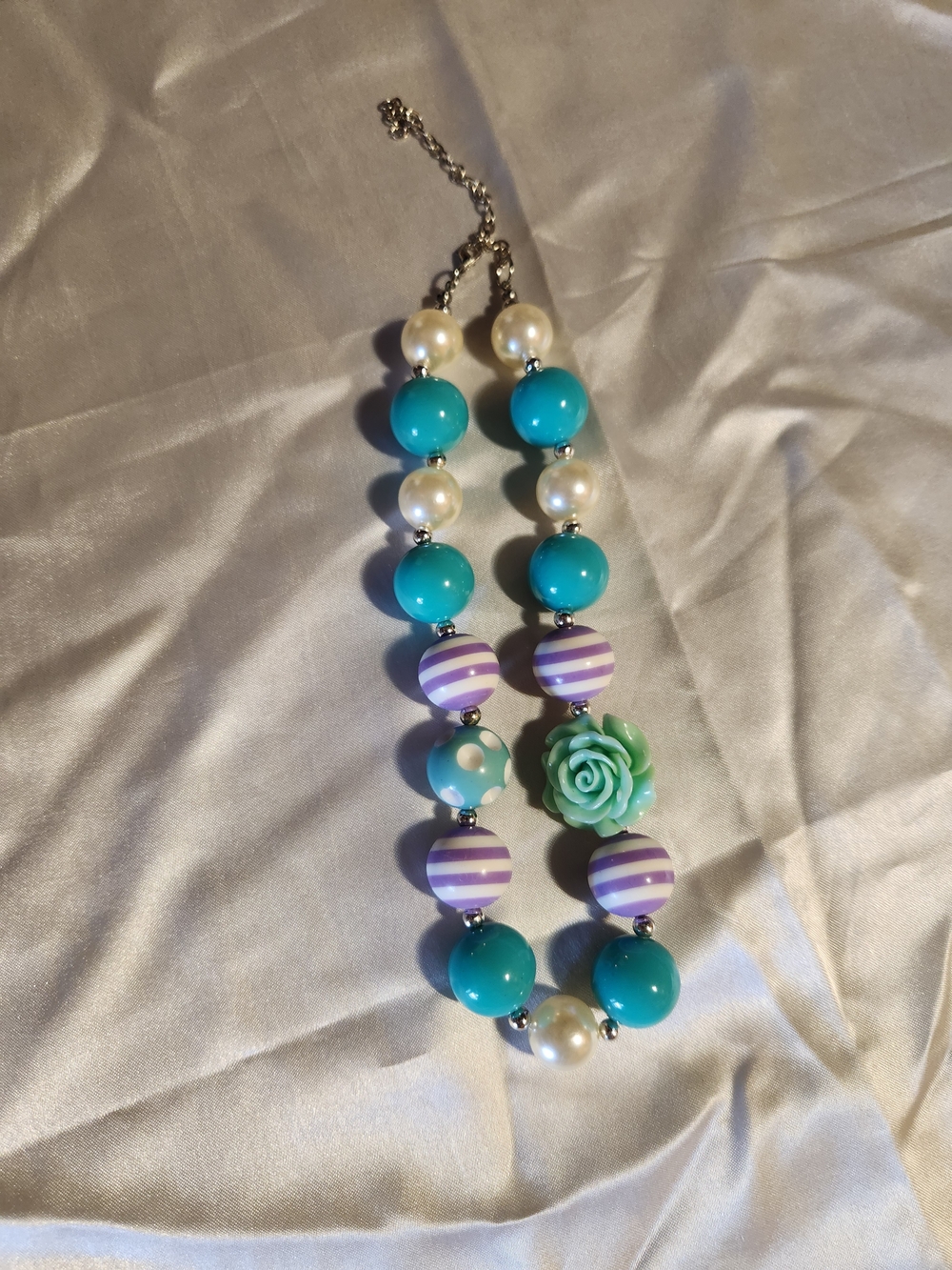 Girls Turquoise & Purple Beaded Necklace with Mint Rose Accent